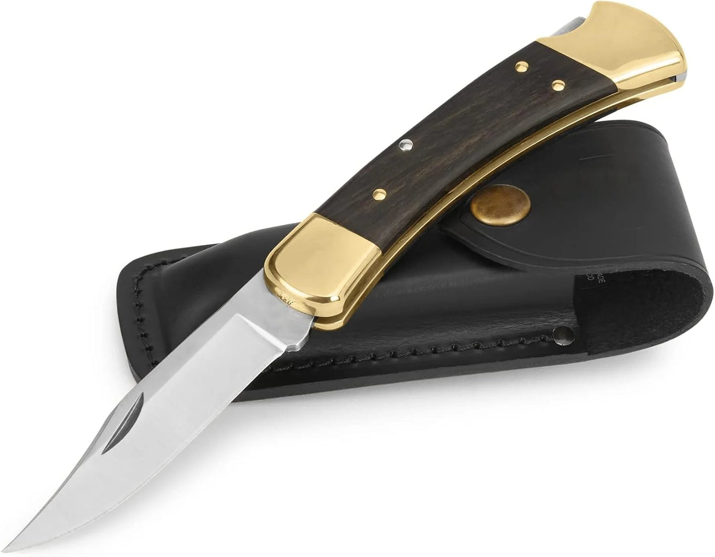Buck 110 Folding Hunter Lock-back Knife, Brass Bolsters, Ebony Handles, 3-3/4" 420HC Blade with Leather Sheath