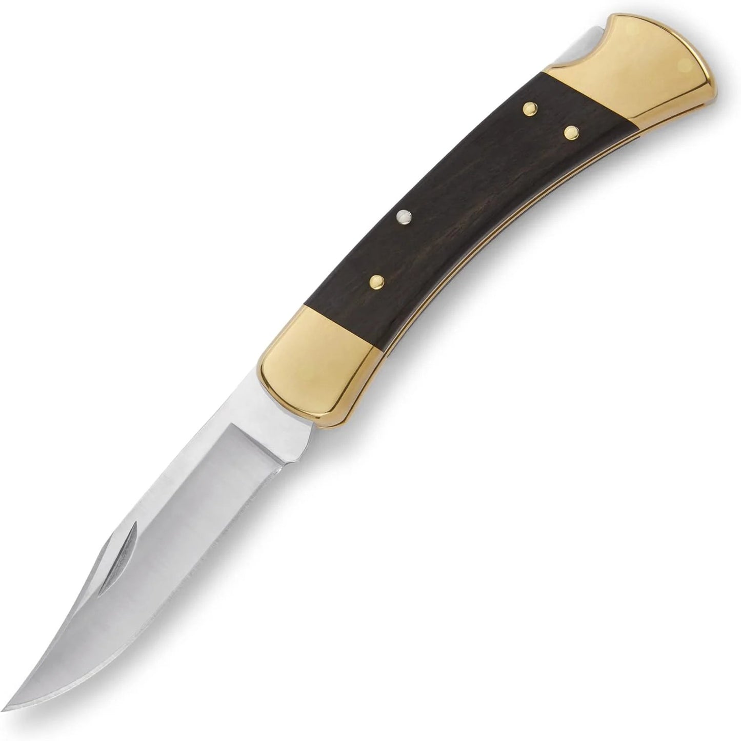 Buck 110 Folding Hunter Lock-back Knife, Brass Bolsters, Ebony Handles, 3-3/4" 420HC Blade with Leather Sheath