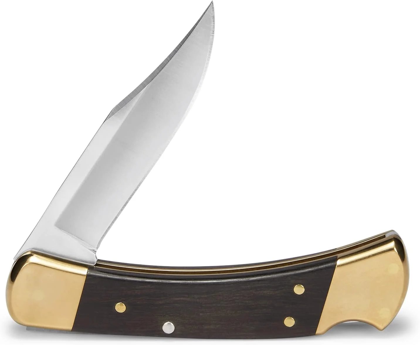 Buck 110 Folding Hunter Lock-back Knife, Brass Bolsters, Ebony Handles, 3-3/4" 420HC Blade with Leather Sheath