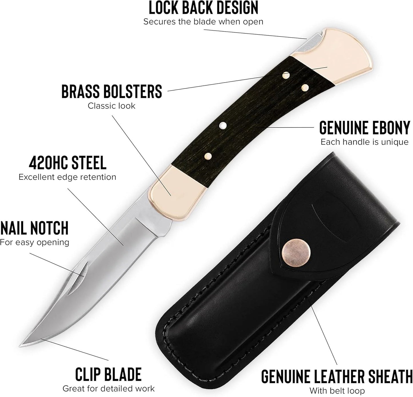 Buck 110 Folding Hunter Lock-back Knife, Brass Bolsters, Ebony Handles, 3-3/4" 420HC Blade with Leather Sheath