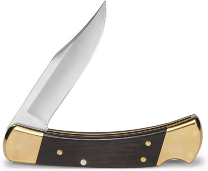 Buck 110 Folding Hunter Lock-back Knife, Brass Bolsters, Ebony Handles, 3-3/4" 420HC Blade with Leather Sheath