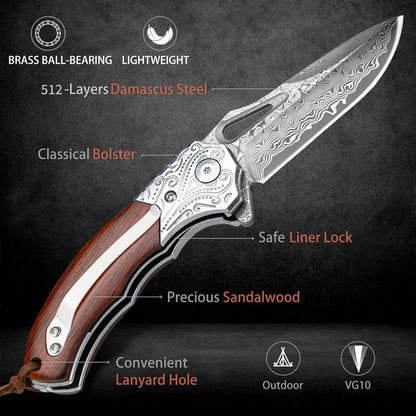 Artisan-Crafted 512-Layer Damascus Steel Folding Knife – Custom Hand Engraving Available
